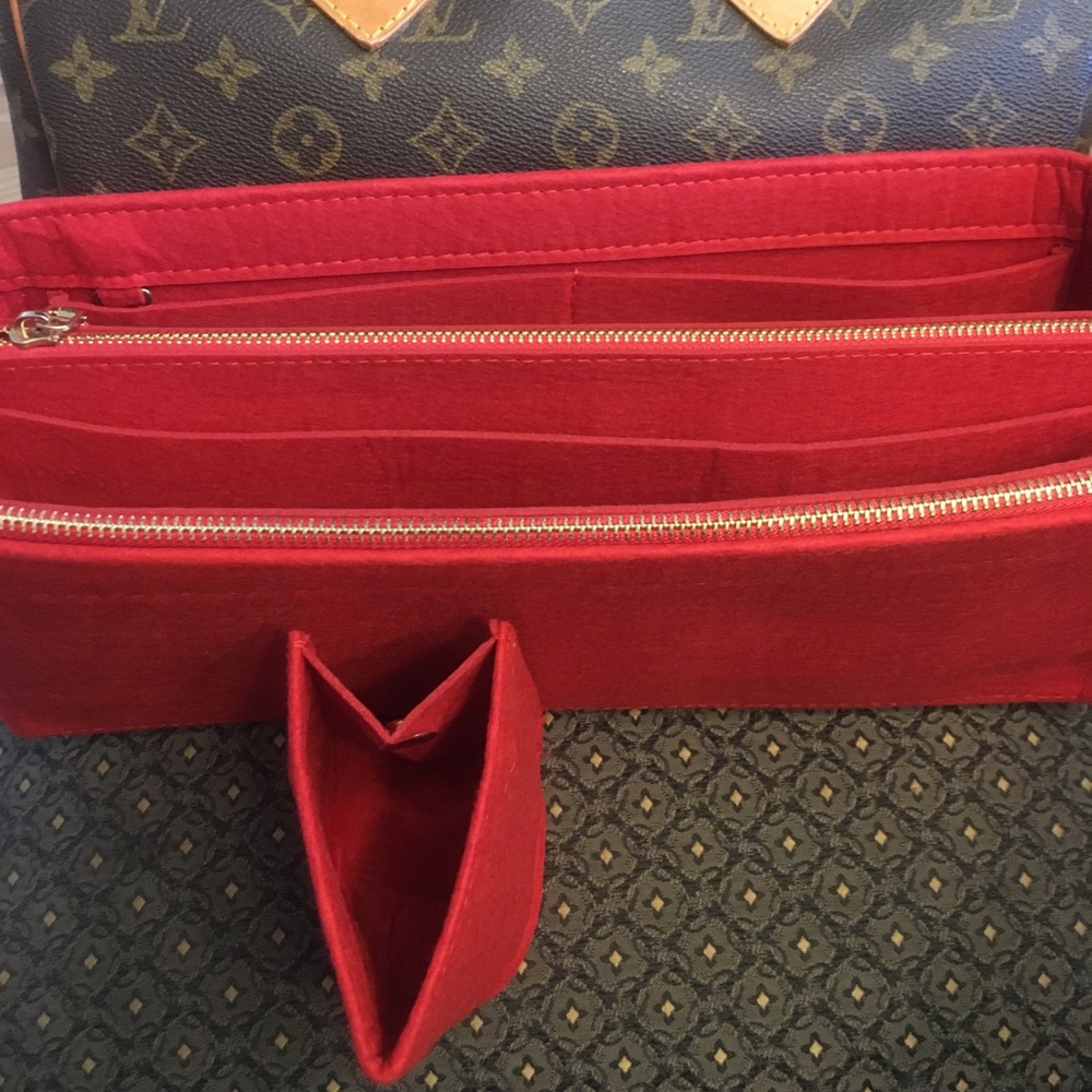 Purse tote medium   RED insert Protector NARROW double zipper snaps no velcro